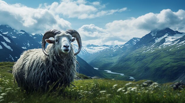 Foto grande muflão europeu no habitat natural em fundo de lago e montanha