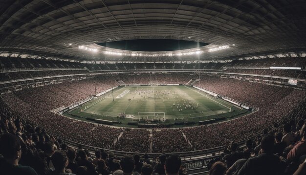 Foto grande multidão aplaude enquanto o atleta pontua em uma competição de futebol iluminada gerada por ia