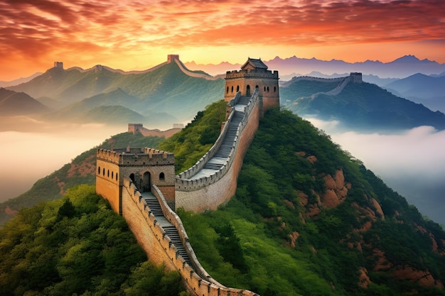 Foto grande muralha da china ao nascer do sol vista panorâmica da china a grande muralla da china gerada por ia