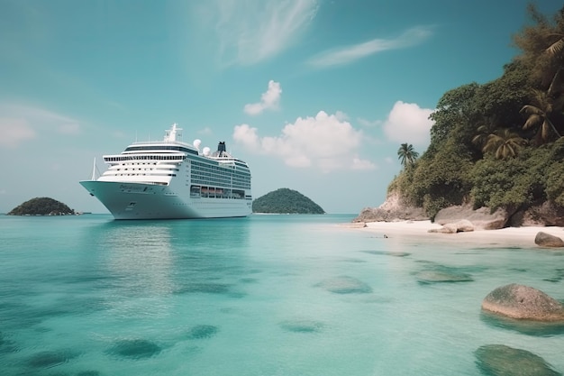 Grande navio de cruzeiro na paisagem tropical Férias de turismo e viagens de verão IA generativa
