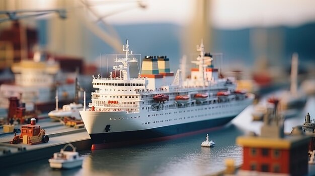 grande navio em um porto com um efeito de tiltshift onde o navio se torna uma cópia do navio de brinquedo