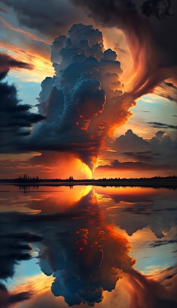 Grande nuvem é vista no fundo do pôr do sol generativo ai