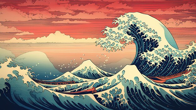 Foto grande onda do oceano como ilustração de estilo vintage japonês