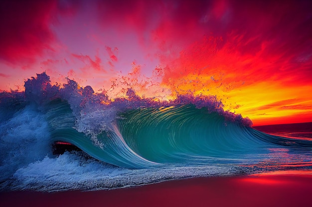 Grande onda no oceano ao pôr do sol generativa ai