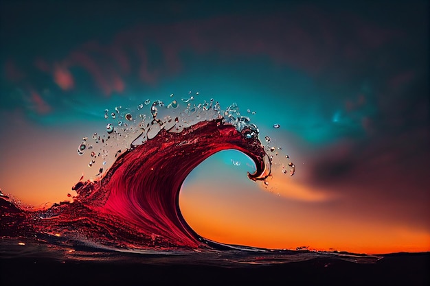 Grande onda vermelha no oceano ao pôr do sol generativa ai