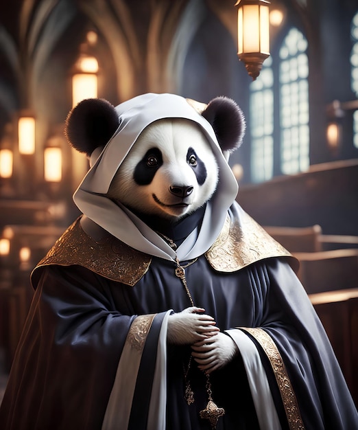 Grande panda como padre na arte generativa da igreja por AI