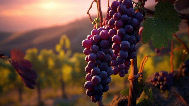 Grande parte das uvas maduras do campo no jardim da vinha com raios solares AI Imagens geradas