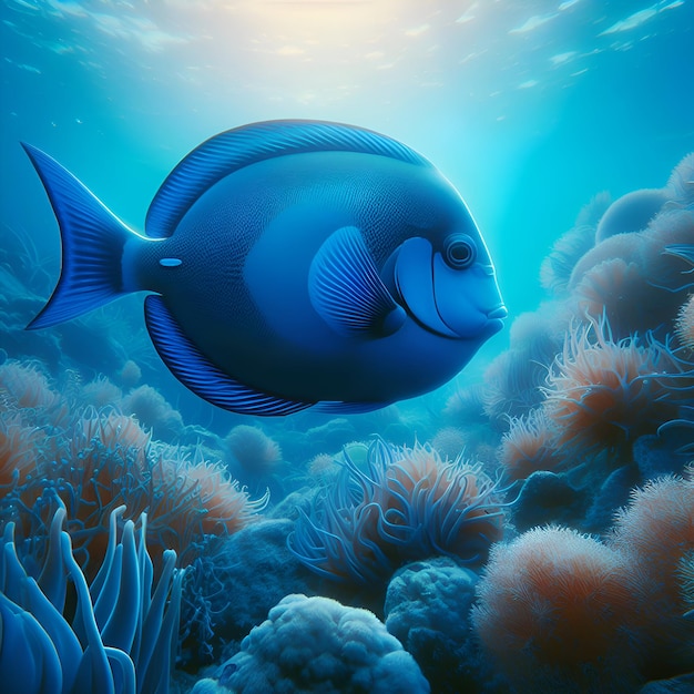 Grande peixe azul entre as algas no oceano conceito de mundo subaquático