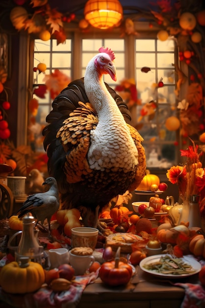 Grande peru na mesa em torno de folhas de outono Turquia como o prato principal de acção de graças para a colheita