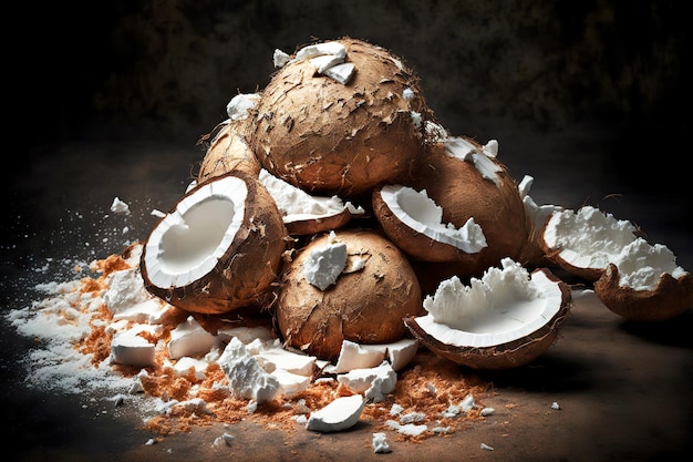 Grande pilha de coco rachado como ingredientes para leite de coco