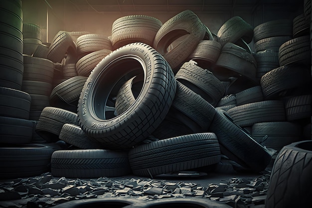 Grande pilha de pneus de carros velhos usados para reciclagem de arte gerada pela rede neural