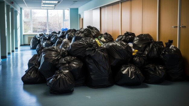 Foto grande pilha de sacos de lixo plástico no escritório ecologia da poluição ambiental