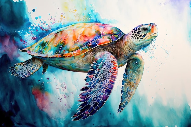 Grande pintura em aquarela de uma tartaruga marinha