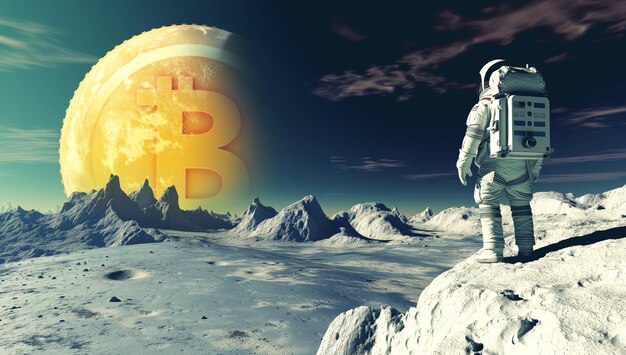 Foto grande planeta bitcoin e astronauta em uma colina ilustração generativa ai