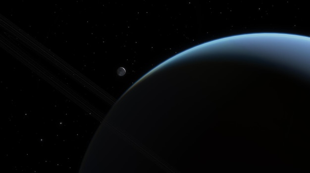 Grande planeta com uma atmosfera visível e sistema de anéis Vasta escala e sereno isolamento de corpos celestes na imensidão do espaço paisagem cósmica 3d render