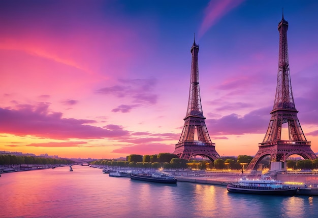 Grande plano da Torre Eiffel com céu dramático e flores no final da noite Paris França