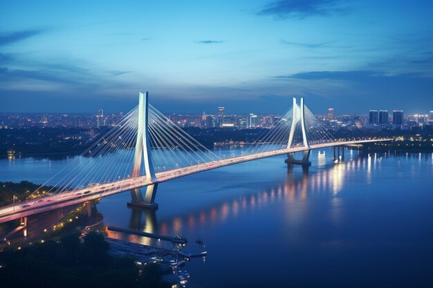 Foto grande ponte suspensa sobre o rio chao phraya com tráfego ao anoitecer