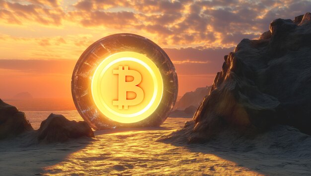 Foto grande portal brilhante de bitcoin na paisagem do deserto ilustração generativa de ai
