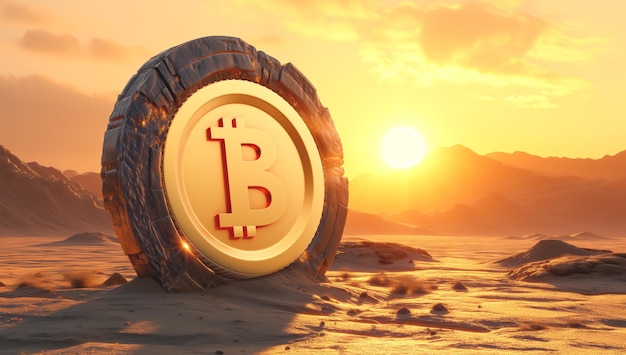 Foto grande portal de bitcoin na paisagem do deserto ilustração generativa de ai