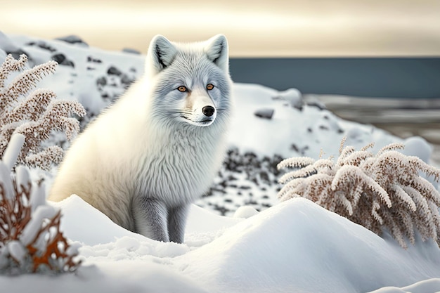 Grande raposa ártica com lã grossa na ilha coberta de neve
