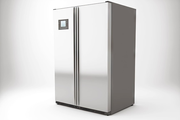 Grande refrigerador fechado de metal prateado isolado em fundo branco