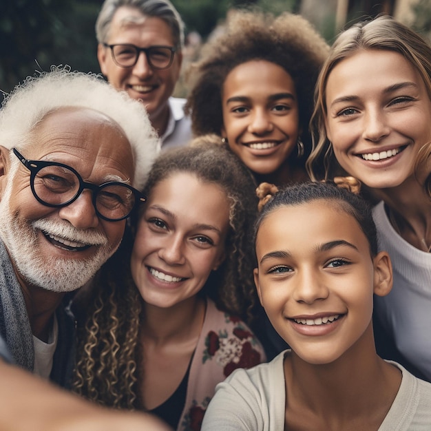 Foto grande retrato de família e selfie de diversidade ou sorriso com crianças, pais e avós, unindo homem idoso, mulher e grupo de crianças para apoio, segurança e tempo com amor e carinho nas férias