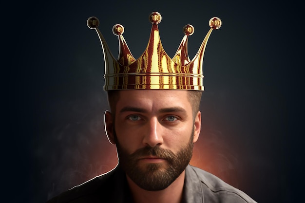 Grande retrato de um homem barbudo com uma coroa de ouro na cabeça, um rei ilustração 3D renderização em 3D