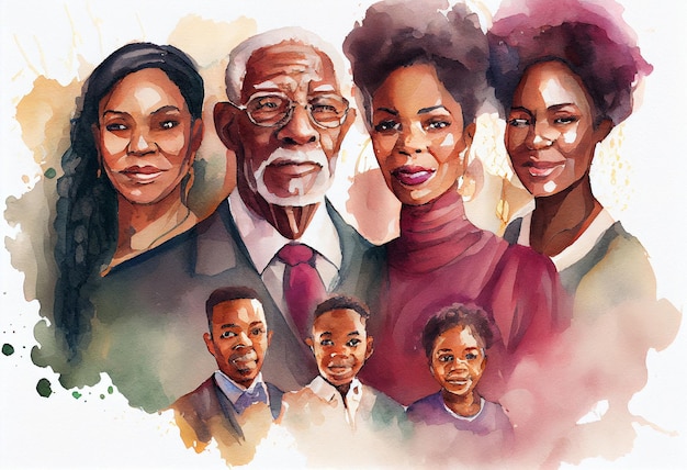 Grande retrato em aquarela da família afro-americana de fevereiro Dia da história afro-americana Gerar Ai