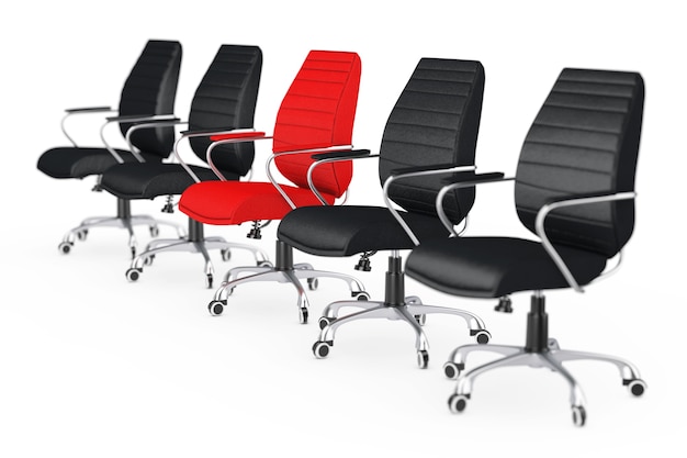 Grande Reunião de Negócios. Cadeira de escritório chefe de couro vermelho entre outras cadeiras em um backgroundl branco. Renderização 3D.