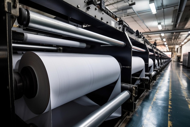 Grande revista de impressão offset executando um longo rolo de papel na linha de produção das indústrias