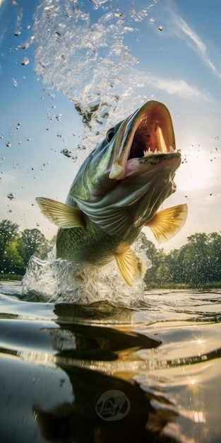 Foto grande robalo da ásia pulando fora da água