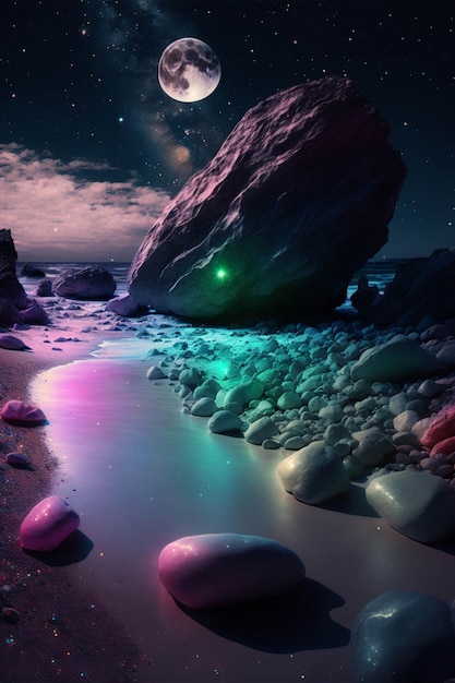 Foto grande rocha no topo de uma praia ao lado de um corpo de água generativa ai