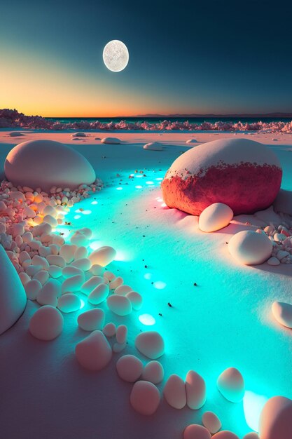 Foto grande rocha sentada em cima de uma praia de areia generativa ai