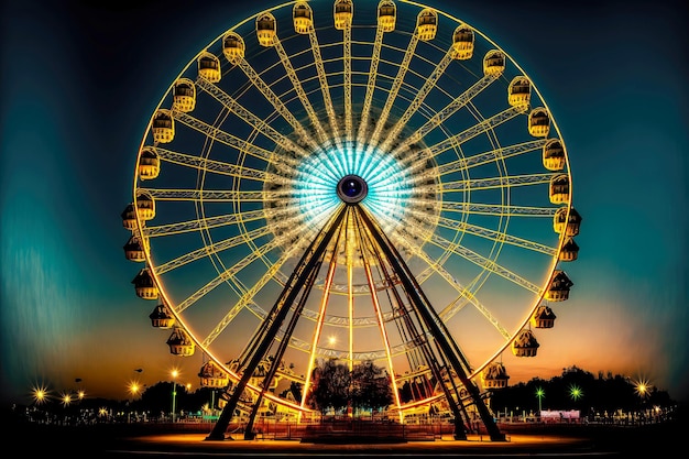 Grande roda gigante lindamente iluminada no parque de diversões à noite criada com ai generativa