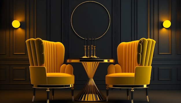 Grande sala de estar principal em cores amarelas escuras conjunto de cadeiras e mesa de ouro ai generativa