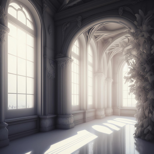 Grande salão branco brilhante com colunas e grandes janelas