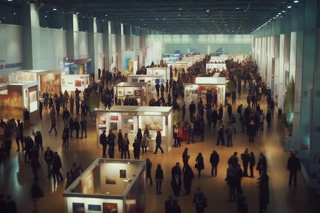 grande salão de exposições movimentado com participantes e vários estandes de exposição gerados por IA