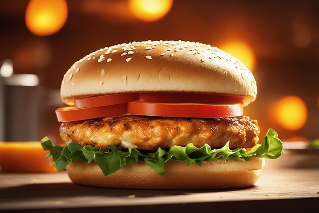 grande sanduíche de hambúrguer de frango suculento em um conceito de fast food de alta realidade com fundo laranja