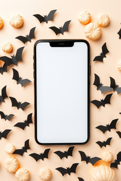 Foto grande simulação de telefone com tela em branco no fundo feliz das abóboras de halloween