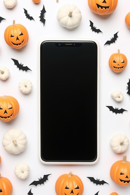 Grande simulação de telefone com tela em branco no fundo feliz das abóboras de Halloween