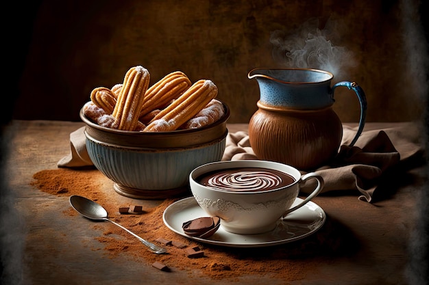 Grande sobremesa espanhola com churros e grande tigela de chocolate quente