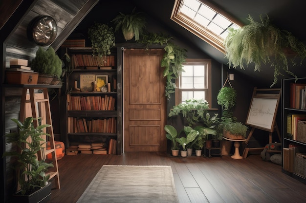 Grande sótão com plantas e livros nas paredes do quadro-negro