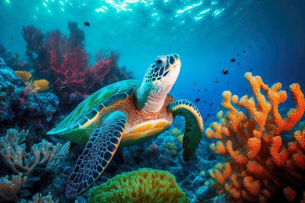 Grande tartaruga marinha nadando no mar na ilha tropical das maldivas