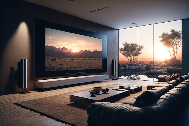 Grande tela de parede de TV na televisão moderna da sala de estar em IA generativa interior de luxo