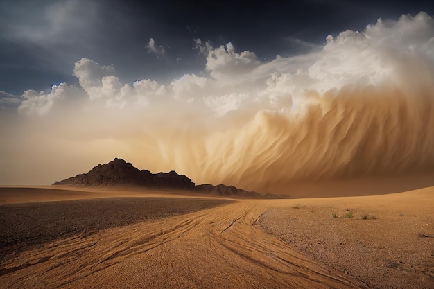 Grande tempestade de areia formada de nuvem cinzenta sobre duna do deserto