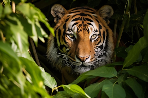 Grande tigre de pé na folhagem da floresta animal perigoso em um belo fundo de deserto e montanhas IA gerativa