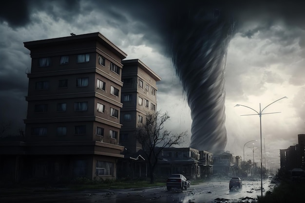 Grande tornado destruindo uma cidade