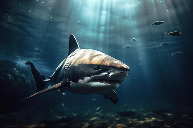 Grande tubarão branco nada debaixo d'água Mundo submarino Tubarão perigoso Toothy IA generativa