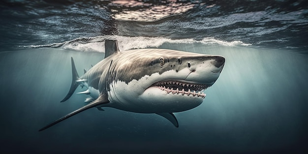 Grande tubarão branco nadando no oceano IA generativa