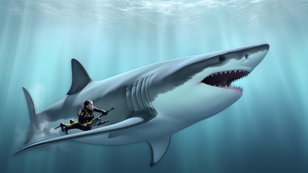 Grande tubarão e mergulhador no oceano profundo Aventura subaquática AI gerada